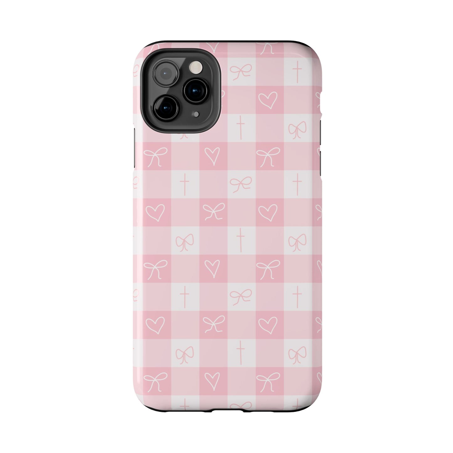 Pink Gingham Heart, Bow and Cross Phone Case