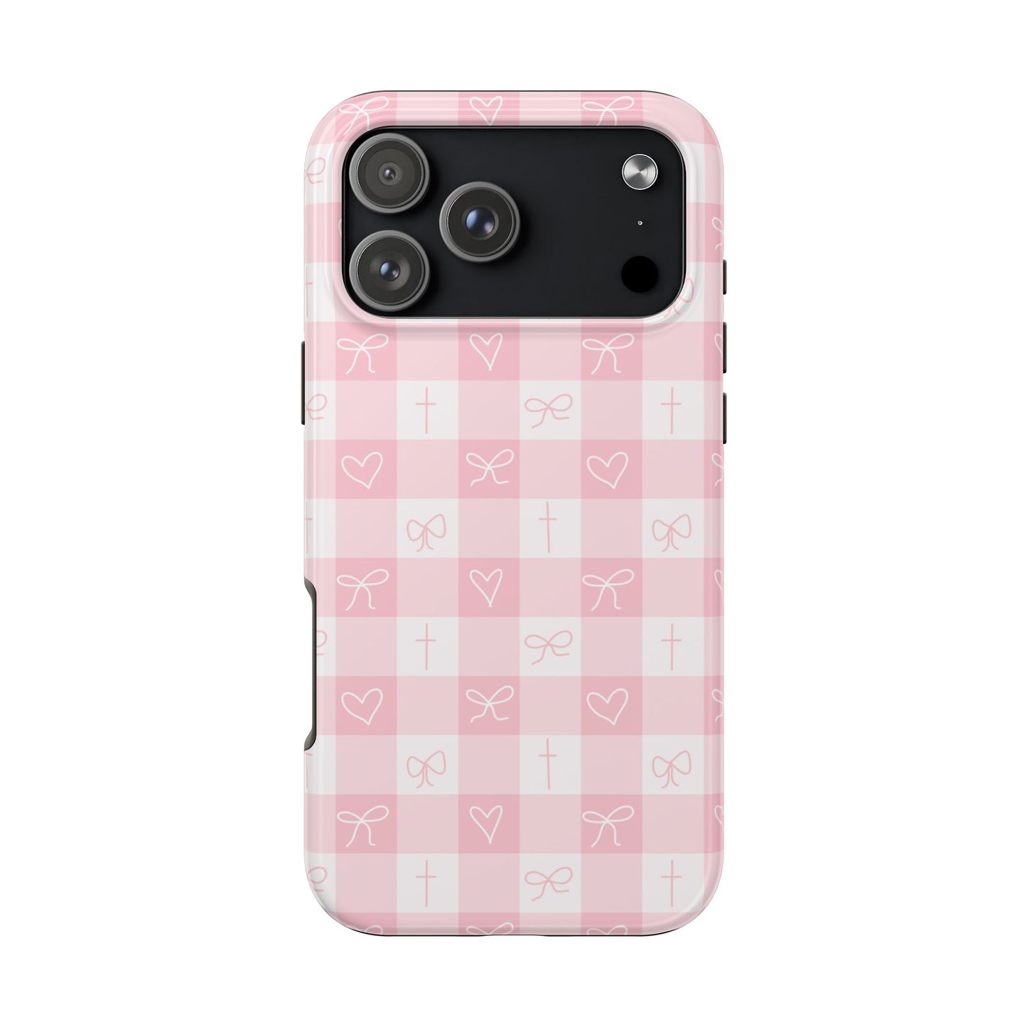 Pink Gingham Heart, Bow and Cross Phone Case