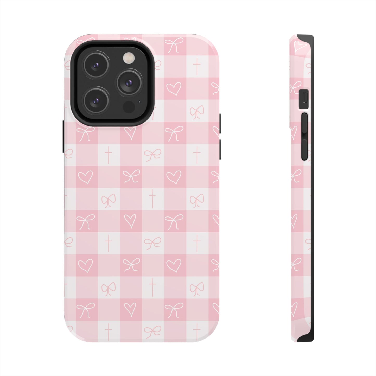 Pink Gingham Heart, Bow and Cross Phone Case