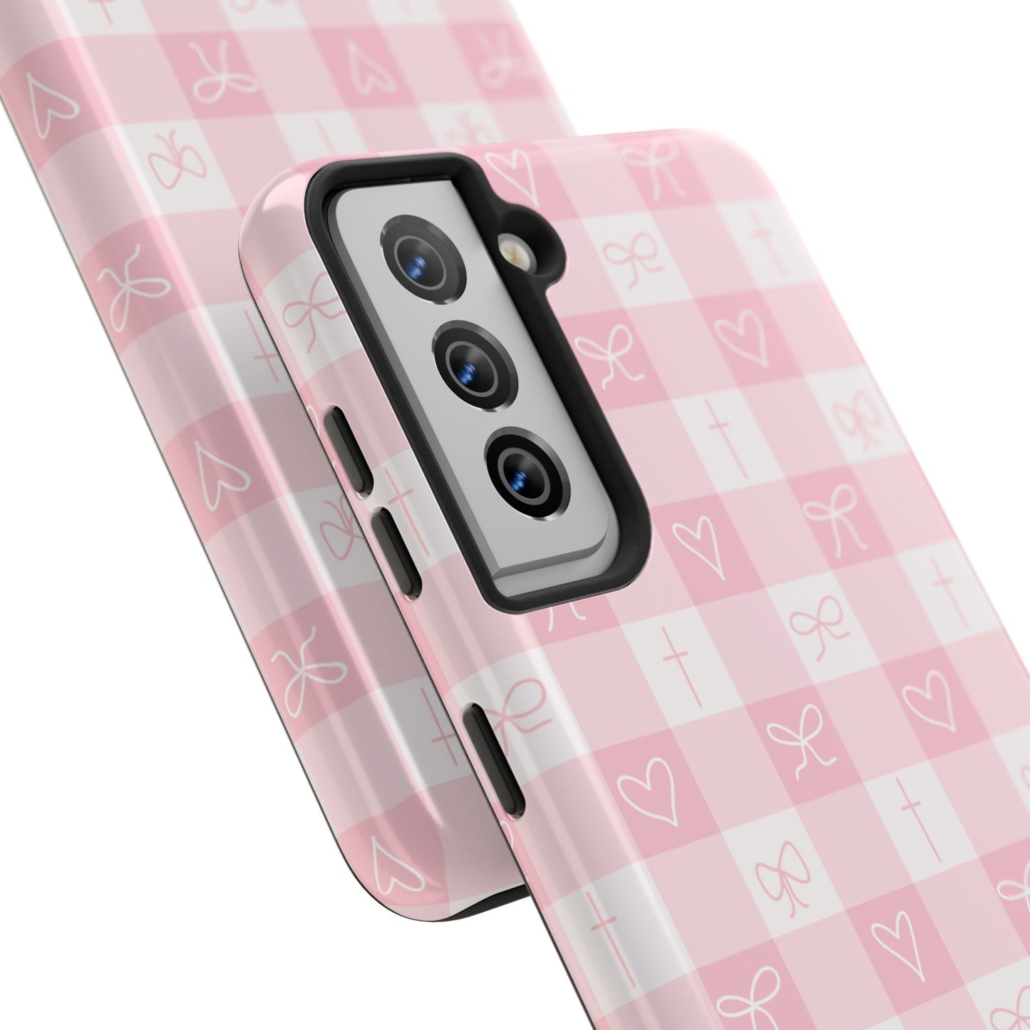 Pink Gingham Heart, Bow and Cross Phone Case