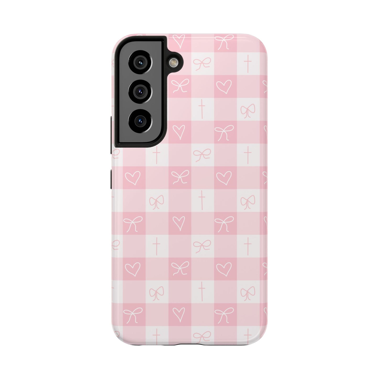 Pink Gingham Heart, Bow and Cross Phone Case