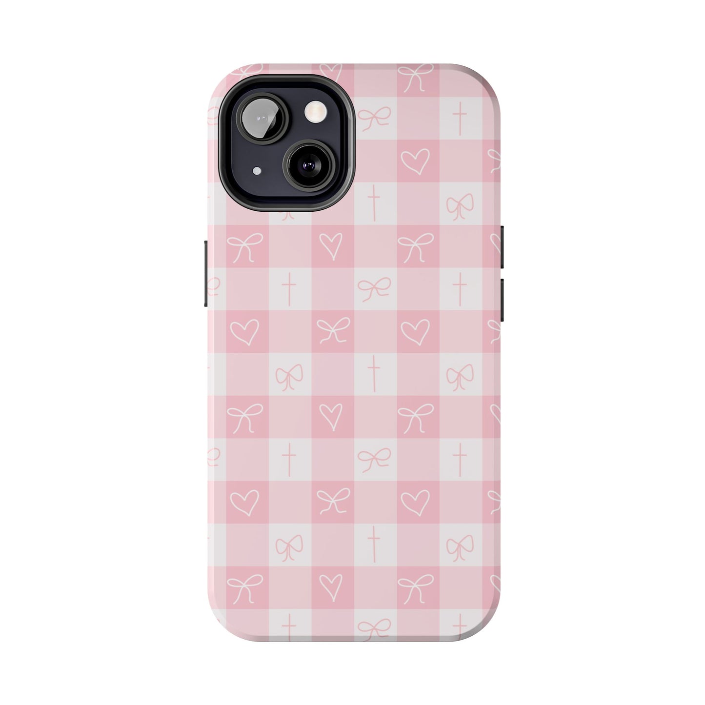 Pink Gingham Heart, Bow and Cross Phone Case