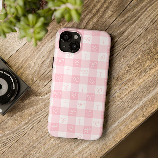 Pink Gingham Heart, Bow and Cross Phone Case