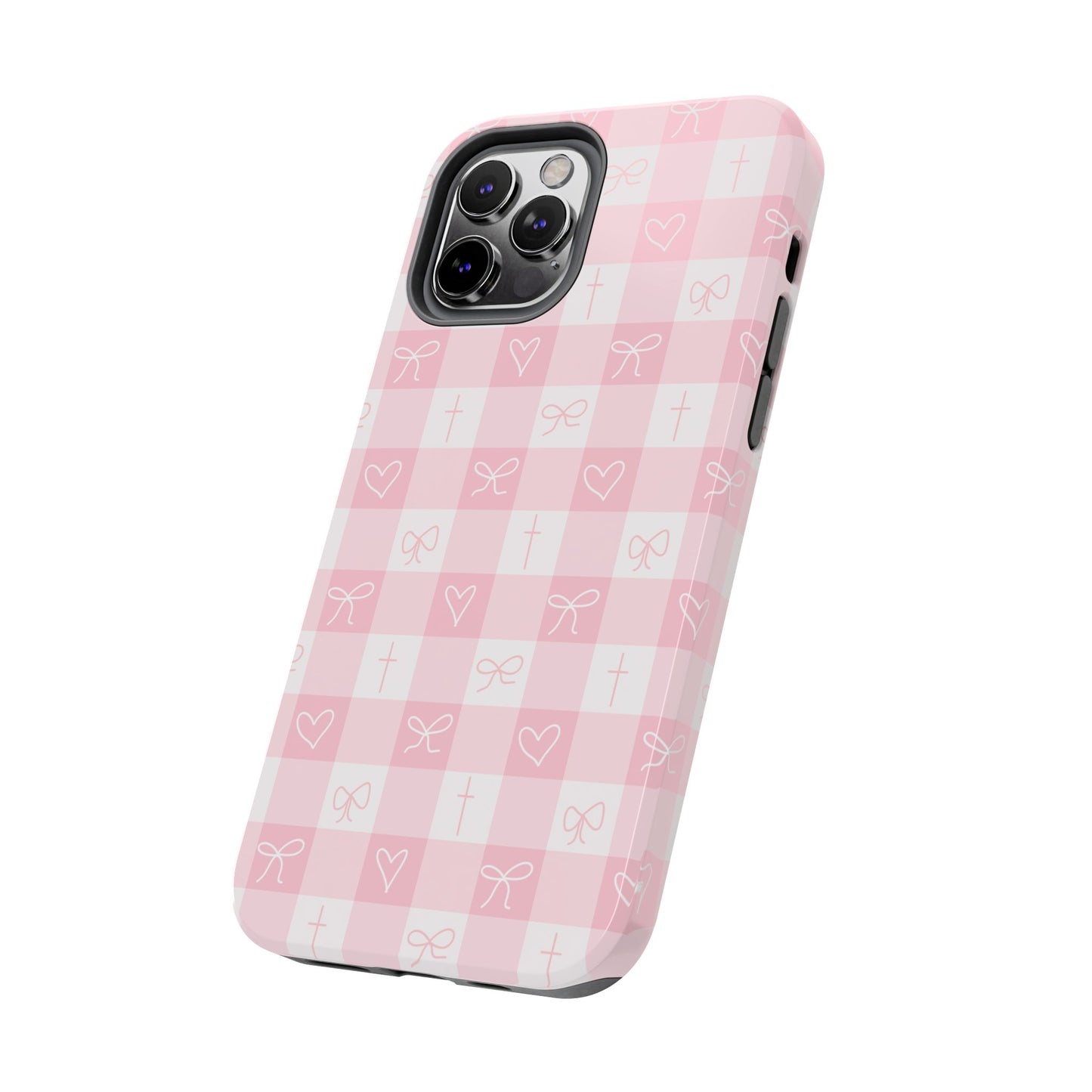Pink Gingham Heart, Bow and Cross Phone Case