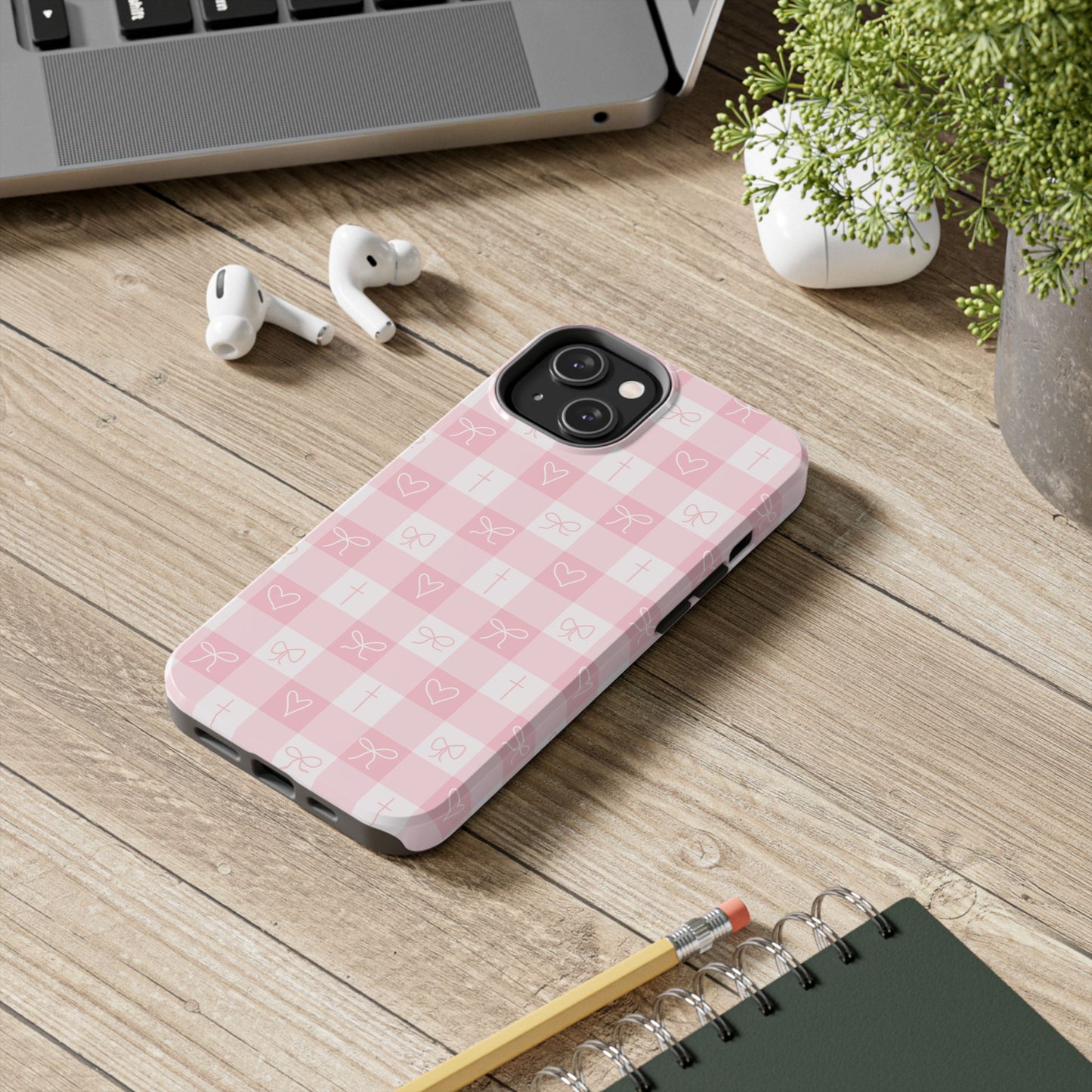Pink Gingham Heart, Bow and Cross Phone Case