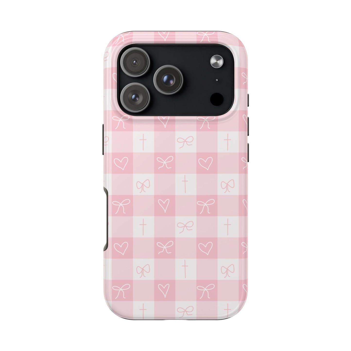 Pink Gingham Heart, Bow and Cross Phone Case