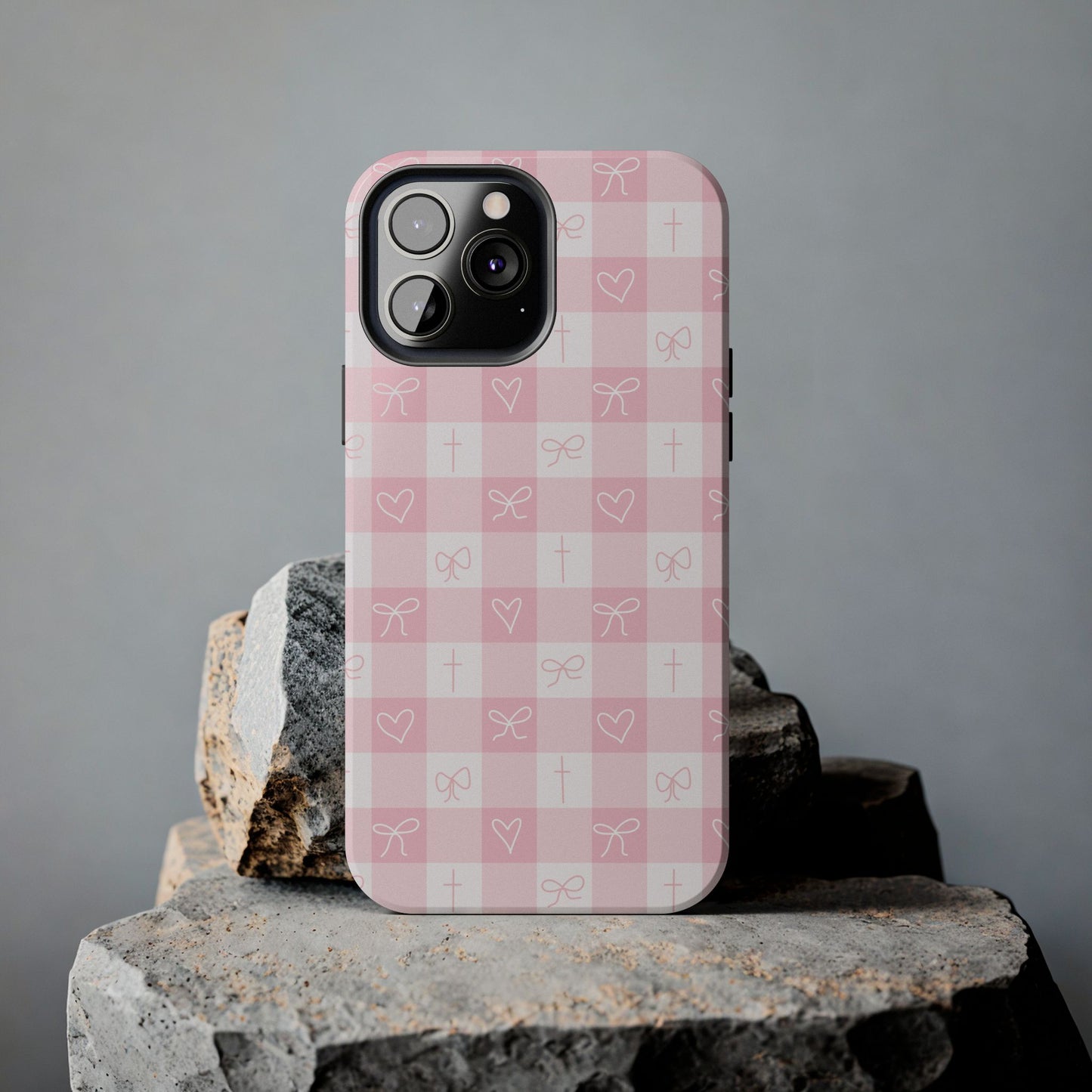 Pink Gingham Heart, Bow and Cross Phone Case