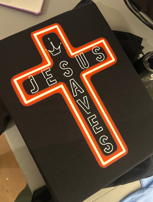 "Jesus Saves" Neon Cross Tee